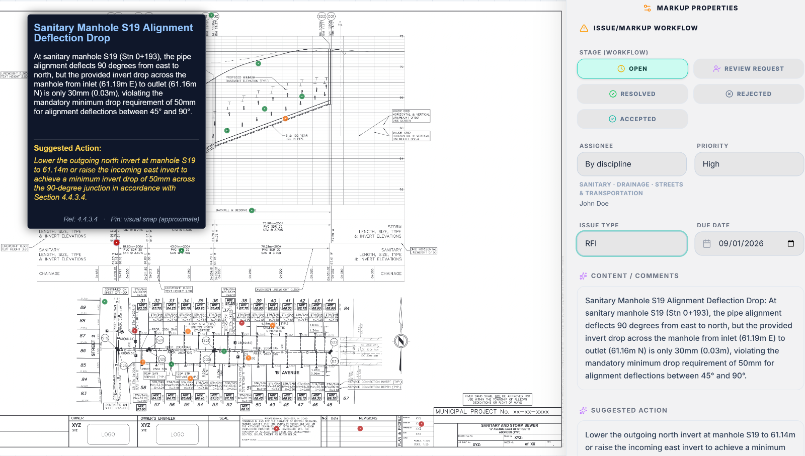 The QualRivu review canvas: a finding for an alignment deflection drop at sanitary manhole S19, pinned to a plan and profile sheet and quoting the standards section it breaches and its suggested fix, beside the markup properties panel showing workflow stage, assignee, priority, issue type and due date.